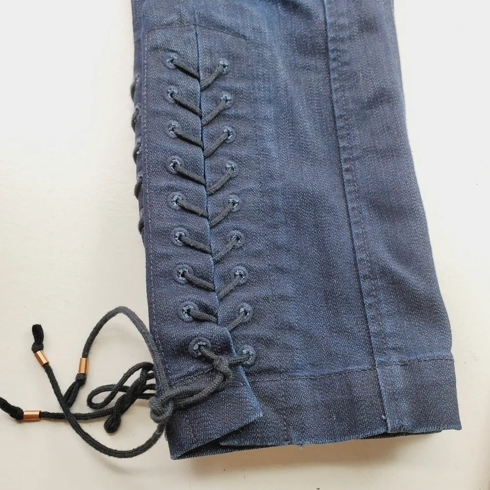 Anthropologie Leifsdottir Women Dark Denim Cropped Lace‎ Up Fray Riding Jeans 28